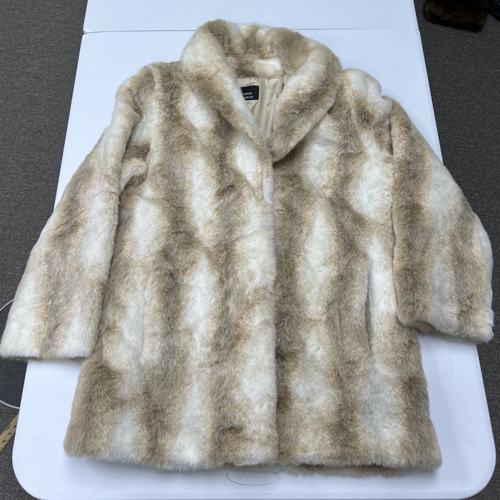 Dennis Basso Faux Fur Coat Womens Small Cream Tan Striped Glam Outerwear